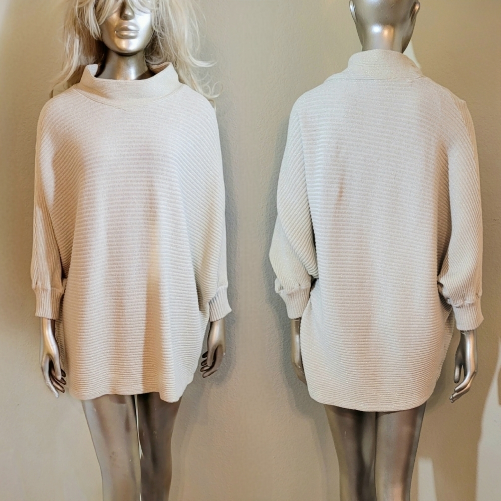 Metallic Gold Ribbed Dolman Sleeve Sweater Tunic/Mini Dress Sz S